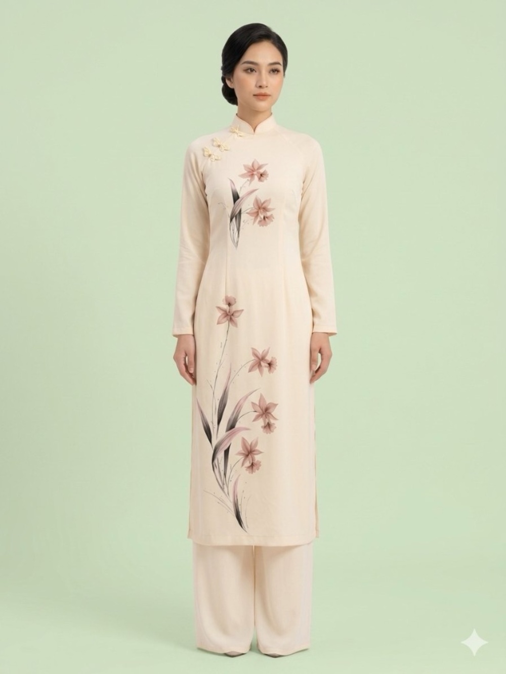 Vintage Hand Painted Silk Ao Dai Vietnamese Traditional Dress & Pants Set